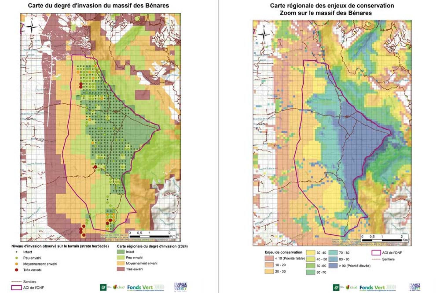 Carte du degré d'invasion du massif des Bénares et carte des enjeux de conservation sur la zone  